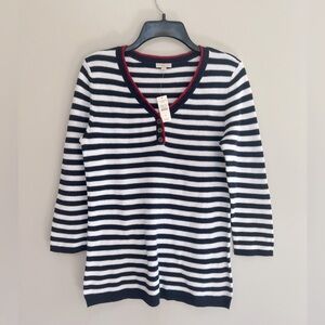 NWT Talbots 100% Cotton 3/4 Sleeve Striped Henley Sweater in Navy, White Red, S